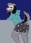 an0malyz3r0 anthro big_butt blue_clothing blue_hoodie blue_topwear bone butt canid canine chumblings clothing fluffy fluffy_tail fur grey_body grey_fur hi_res hoodie leaning leaning_forward looking_at_viewer looking_back male mammal mask night pattern_clothing pattern_underwear presenting presenting_hindquarters skeleton_dog skull skull_mask solo star tail teasing thick_thighs tight_clothing tongue tongue_out topwear underwear yellow_eyes