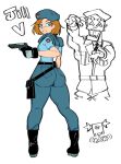  1girl ass ass_focus beretta_92 black_gloves blue_eyes blue_pants breasts brown_hair clothes_around_waist dream_casko gloves gun handgun hat highres holding holding_gun holding_weapon holster huge_ass jill_valentine looking_back pants police police_uniform policewoman resident_evil short_hair shoulder_pads solo thigh_holster weapon zombie 