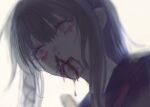  1girl akai_ringo_(eveyuno) black_hair blank_eyes blood blood_from_mouth hair_ribbon high_ponytail highres nosebleed original ponytail ribbon school_uniform white_background wide-eyed 