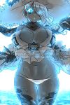  1girl abyssal_ship ass_visible_through_thighs black_gloves black_scarf blue_eyes breasts colored_skin commentary_request cowboy_shot dress gloves glowing glowing_eyes hair_over_one_eye hat highres kantai_collection large_breasts long_hair navel ocean open_mouth oso_(toolate) pale_skin panties scarf seaport_summer_princess solo straw_hat sun_hat sundress underwear watermark white_dress white_hair white_hat white_panties white_skin 