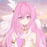  1girl breasts chinese_commentary cleavage commentary_request corset diamond-shaped_pupils diamond_(shape) elysia_(herrscher_of_human:_ego)_(honkai_impact) elysia_(honkai_impact) gradient_sky honkai_(series) honkai_impact_3rd large_breasts long_hair looking_at_viewer outdoors pink_hair purple_eyes sky smile solo symbol-shaped_pupils triquetra veil very_long_hair white_corset white_veil xingyun_xing 