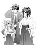  1boy 2girls absurdres belt black_belt black_hair blush breasts brown_hair chaos;child coat eibon hair_ornament hair_ribbon hakama happy height_difference highres holding holding_plate hot_drink jacket japanese_clothes kunosato_mio large_breasts long_hair miko multiple_girls necktie open_clothes open_jacket open_mouth plate ribbon shinjo_takeshi shinjou_takeshi short_hair sidelocks size_difference striped_necktie tongue very_long_hair winter_clothes winter_coat yamazoe_uki 