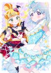  2girls :o blonde_hair blue_dress blush chii_(chi_pppuri) copyright_notice cropped_shirt dot_nose dress fingerless_gloves gloves green_eyes grey_hair hair_bun hand_on_own_hip hashtag-only_commentary highres himitsu_no_aipri idol idol_clothes igarashi_julia index_finger_raised jewelry long_hair looking_at_viewer medium_hair midriff miniskirt multicolored_hair multiple_girls necklace orange_hair parted_lips pretty_series purple_eyes red_shirt red_skirt rokudou_elle shirt short_dress single_glove single_hair_bun skirt smile straight_hair two-tone_hair watermark 
