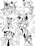  1girl ^^^ ahoge animal_ears arm_support arrow_(symbol) cellien_(kemono_friends) closed_eyes closed_mouth cup dotted_line ears_down failure fang forked_eyebrows gloom_(expression) hair_between_eyes hand_on_own_cheek hand_on_own_face highres holding holding_cup jacket kemono_friends kemono_friends_3 leaning_forward looking_at_viewer looking_to_the_side looking_up maltese_tiger_(kemono_friends) monochrome multicolored_hair multiple_views natto_nigi nervous nervous_smile open_clothes open_jacket open_mouth parted_lips raised_eyebrows rectangular_mouth shirt short_hair slap_mark slap_mark_on_face smile spitting sweat tail tiger_ears tiger_girl tiger_tail tomboy two-tone_hair v-shaped_eyebrows wide-eyed 