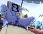 4_arms 5_eyes animal_humanoid anus arachnid arachnid_humanoid areola arthropod arthropod_humanoid barefoot blush breasts closed_smile detailed_background feet female fingers hair hi_res humanoid mdthetest mouth_closed multi_arm multi_eye multi_limb navel nipples purple_body smile solo_focus spider_humanoid tongue vulva