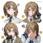  1boy ? absurdres adjusting_eyewear akechi_gorou bibi_booom black_gloves black_necktie blue_vest brown_hair brown_jacket closed_mouth covering_face emoji glasses gloves grin half-closed_eyes hand_up highres jacket laughing looking_at_viewer male_focus medium_hair necktie one_eye_closed persona persona_5 red_eyes shirt simple_background smile solo sparkle striped_necktie sweatdrop teeth twitter_username upper_body vest white_background white_shirt 