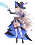  1girl 82jhin :d absurdres black_boots black_hat black_horns black_skirt blue_bow blue_bowtie blue_skirt blush boots bow bowtie breasts brooch commentary_request crossed_bangs double-parted_bangs flower frills full_body gem green_brooch green_gemstone grey_hair hair_between_eyes hands_up hat hat_feather hat_flower highres holding holding_wand horns jewelry large_breasts long_hair long_sleeves looking_at_viewer magic one_eye_closed open_mouth original pink_eyes shirt showgirl_skirt simple_background skirt smile solo thighhighs treble_clef two-tone_skirt very_long_hair wand white_background white_shirt white_thighhighs 