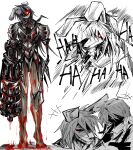  2girls 3rdeye_suki animal_ears arm_cannon armor blood blood_drip blood_on_arm blood_on_armor blood_on_hands blood_on_leg blood_on_weapon bow braid crazy_laugh evil_smile fangs finger_to_mouth gatling_gun glowing glowing_eyes greyscale hair_between_eyes hair_bow hatching_(texture) highres kirisame_marisa long_hair looking_at_viewer minigun monochrome monster_girl multiple_girls multiple_views rabbit_ears rabbit_girl red_eyes reisen_udongein_inaba shaded_face sharp_teeth side_braid simple_background single_braid skeletal_arm skeletal_hand smile standing teeth touhou touhou_igyoukyo variant_marisa variant_reisen weapon white_background 