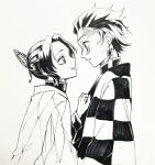  1girl age_difference alternate_universe animal_print belt blue_butterfly blush brown_wings bug butterfly butterfly_hair_ornament butterfly_print checkered_haori demon_slayer_uniform earrings gradient_hair hair_ornament hanafuda_earrings haori highres japanese_clothes jewelry kamado_tanjirou kimetsu_no_yaiba kishimen_hair kochou_shinobu multicolored_hair pixiv purple_butterfly scar scar_on_face scar_on_forehead updo white_belt wings 