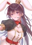  1girl absurdres animal_ears belt black_hair black_sleeves blue_eyes breasts cleavage cleavage_cutout closed_mouth clothing_cutout collared_dress commentary_request crescent_pendant crown dress ear_through_crown fake_animal_ears fake_tail gold_trim hair_ornament hairpin headset highres jewelry lips long_hair looking_at_viewer mini_crown multiple_hairpins nijisanji pendant puffy_short_sleeves puffy_sleeves rabbit_ears rabbit_tail red_belt see-through_clothes see-through_sleeves short_sleeves simple_background small_breasts smile solo tail tsukino_mito tsukino_mito_(bunny_idol) upper_body usasuzu very_long_hair virtual_youtuber white_background white_dress 