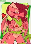 amaryllis_(lustragon) anthro areola blush bodily_fluids breasts clitoris digital_drawing_(artwork) digital_media_(artwork) dragon elemental_creature elemental_humanoid female flora_fauna flower flower_creature genital_fluids genitals green_eyes hair heart_eyes heart_symbol hi_res horn humanoid looking_at_viewer lustragon mythological_creature mythological_scalie mythology nipples nude open_mouth pink_body plant red_areola red_nipples red_tongue red_vulva scalie simple_background smile solo sweat tail tongue tongue_out vaginal_fluids vulva wings