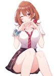  1girl blue_scrunchie blush breasts closed_mouth commentary_request diagonal-striped_clothes diagonal-striped_necktie double-parted_bangs hair_between_eyes hands_up headphones headphones_around_neck heart heart_hands kohinata_iroha_(imouuzai) large_breasts looking_at_viewer loose_necktie medium_hair miniskirt necktie official_art one_eye_closed plaid_clothes plaid_skirt red_necktie school_uniform scrunchie second-party_source short_sleeves simple_background sitting skirt smile solo striped_clothes tomodachi_no_imouto_ga_ore_ni_dake_uzai white_background wing_collar wrist_scrunchie 