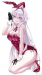  1girl 316_lp absurdres alternate_costume animal_ears black_gloves breasts cleavage commentary fake_animal_ears fake_tail gloves high_heels highres honkai_(series) honkai_impact_3rd kneeling large_breasts leotard licking_lips long_hair playboy_bunny rabbit_ears rabbit_tail red_leotard simple_background solo symbol-only_commentary tail thelema_nutriscu tongue tongue_out very_long_hair white_background white_hair wrist_cuffs 