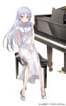  1girl angel_beats! china_dress chinese_clothes commentary_request dress full_body grand_piano grey_hair highres instrument kanda_done long_hair looking_at_viewer official_art piano piano_bench shoes sitting solo tachibana_kanade white_dress white_shoes yellow_eyes 