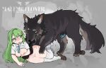  1girl animal_penis aqua_necktie bestiality black_skirt blush clothes_lift commission degrees_of_lewdity dog_penis full_body green_eyes highres long_hair lying necktie nose_blush on_side original outdoors panties panties_around_one_leg penis precum precum_drip school_uniform shirt_lift skirt skirt_lift sweat tearing_clothes thighhighs tnso torn_clothes underwear unworn_shoe watermark white_thighhighs wolf 