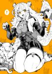  ! 1girl ^^^ absurdres animal_ears commentary_request fingerless_gloves fingernails gloves greyscale greyscale_with_colored_background highres ju_fufu looking_at_viewer monochrome open_mouth orange_background orange_eyes shirt shoes solo spoken_exclamation_mark tail thigh_strap thighs tiger_ears tiger_girl tiger_tail yotsumi_shiro zenless_zone_zero 
