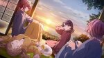  4girls asakura_toru bird cat earrings fence fukumaru_koito highres higuchi_madoka ichikawa_hinana idolmaster idolmaster_shiny_colors jewelry multiple_girls noctchill_(idolmaster) official_art short_hair sky sunset tree 
