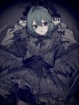  1girl absurdres black_eyes black_hairband black_nails blue_hair collar commentary_request cowboy_shot cropped_shirt fingernails frilled_collar frilled_hairband frilled_skirt frills gothic_lolita grey_collar grey_shirt grey_skirt grey_wings hair_between_eyes hairband hands_up highres hinomiya_shiyou_(ly05yy) lolita_fashion lolita_hairband long_sleeves original shirt short_hair skirt solo wings 