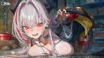  1girl admiral_zenker_(azur_lane) admiral_zenker_(fun_with...interrogations?)_(azur_lane) all_fours armband arms_behind_back azur_lane betabeet black_choker black_horns black_jacket blush bound bound_legs bound_wrists breast_press breasts brown_pantyhose chain choker cleavage cuffs full_body furrowed_brow grey_hair hair_between_eyes hair_intakes handcuffs highres horns jacket large_breasts logo long_hair looking_at_viewer multicolored_hair no_shoes official_alternate_costume official_art open_clothes open_jacket open_mouth pantyhose red_eyes red_hair restrained rope second-party_source see-through_clothes see-through_shirt shirt solo streaked_hair tearing_up tears toolbox torn_clothes torn_pantyhose two-tone_hair watermark wet wet_clothes wet_shirt 