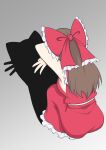  1girl absurdres ass bow breasts brown_hair cat_shadow_puppet_(meme) chinese_commentary commentary_request frilled_bow frilled_skirt frills hair_bow hakurei_reimu highres long_hair meme mixed-language_commentary piaoluo_de_ying_huaban red_bow red_skirt shadow skirt skirt_set solo squatting touhou 