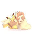 2023 ambiguous_gender anthro biped brown_body carrying_another cheek_spots duo eyes_closed fur generation_1_pokemon generation_4_pokemon heart_symbol hi_res looking_at_another lopunny nintendo open_mouth open_smile pikachu piyolondres pokemon pokemon_(species) red_cheeks scut_tail short_tail smile sparkles standing tail yellow_body yellow_tail
