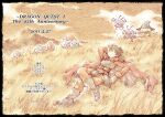  1boy belt black_border border cape dated dracky dragon_quest dragon_quest_i fangs field ghost_(dragon_quest) gloves hat hero_(dq1) long_sleeves lying male_focus metal_slime noki_(hanken) on_back sepia short_hair slime_(dragon_quest) smile tongue tongue_out translation_request witch_hat 