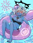  1girl bare_shoulders bikini black_bikini black_halo blue_skin breasts chemaru_(a8l) chest_tattoo colored_skin commentary_request cup english_text genderswap genderswap_(mtf) grey_hair guilty_gear halo happy_chaos heart highres holding holding_cup horns large_breasts one_eye_closed open_mouth relaxing short_hair solo sun swim_ring swimsuit tattoo water 