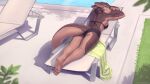 16:9 2025 absurd_res anthro bikini breasts butt chair clothed clothing digital_media_(artwork) female furniture grass hi_res leaf lizard looking_at_viewer maxmushroom non-mammal_breasts plant pool poolside reptile scalie side_boob smile solo swimming_pool swimwear tail towel two-piece_swimsuit water widescreen