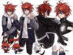  1other 2boys ? absurdres ahoge alternate_costume aotsuki_eito armband belt_pouch black_pants black_streaks blue_eyes blue_jacket cat_boy chinese_commentary crossed_arms curled_up drawstring final_fantasy final_fantasy_xiv gakuran geta glasses gloves grey_hair grey_jacket hands_up highres holding holding_own_arm holding_scythe holding_sword holding_weapon hole_in_chest hole_on_body hood hoodie jacket last_defense_academy_school_uniform long_sleeves looking_at_viewer looking_to_the_side male_focus miqo&#039;te moogle multicolored_hair multiple_boys multiple_views open_clothes open_jacket pants pouch purple_eyes reaper_(final_fantasy) red_hair samurai_(final_fantasy) school_uniform scythe short_hair simple_background smile solo_focus streaked_hair sumino_takumi sweatdrop sword syuu_1125 tail the_hundred_line_-last_defense_academy- viera warrior_of_light_(ff14) weapon white_armband white_background white_gloves white_hoodie 