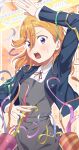  1girl absurdres blue_jacket commentary_request confetti dated dress grey_dress happy_birthday highres jacket long_hair looking_at_viewer love_live! love_live!_superstar!! neck_ribbon noshiro_tomoya open_mouth orange_background orange_hair party_popper purple_eyes red_ribbon ribbon school_uniform shibuya_kanon shirt solo surprised sweatdrop swept_bangs white_shirt winter_uniform yuigaoka_school_uniform 