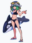  1girl alternate_costume asymmetrical_hair bikini black_bikini black_eyes black_hat blue_hat breasts flip-flops frilled_hat frills front-tie_bikini_top front-tie_top full_body green_hair hair_between_eyes hat highres iganashi1 inflatable_orca inflatable_toy looking_to_the_side medium_breasts multicolored_bikini navel orca pointing sandals shiki_eiki short_hair simple_background smile solo standing swimsuit touhou white_background white_bikini 