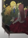  2girls ascot black_background blonde_hair blue_ascot blue_eyes brown_hair dress facing_away flower full_body gradient_background green_dress hair_between_eyes highres ib_(ib) ib_(kouri) long_sleeves looking_at_another mary_(ib) multiple_girls no_aid painting_(object) picture_frame puffy_sleeves red_skirt rose shirt skirt smile wavy_hair white_background white_shirt yellow_flower yellow_rose 