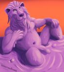 anthro bubble clay clay_creature felid genitals goo_creature hand_on_chest hand_on_leg hand_on_thigh hi_res leaning leaning_backward lion male mammal mane melting mud mud_bath musclegut muscular muscular_male pantherine penis purple_body purple_eyes simple_background sitting smug_grin solo spread_legs spreading tail wontonrhino