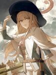  1other adjusting_clothes adjusting_headwear androgynous aqua_jacket ascot belt blonde_hair blue_eyes blue_hat blue_sky brown_belt cape chevalier_d&#039;eon_(fate) cloud cloudy_sky fate_(series) gloves half_gloves hat hat_feather highres jacket long_hair looking_at_viewer outdoors pants pink_ascot sepia sky tamitami white_cape white_gloves white_pants wide_brim 