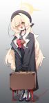  1girl absurdres black_coat black_gloves black_hat black_shirt blonde_hair blood blue_archive bow bowtie briefcase coat full_body gloves green_eyes halo hat highres holding holding_briefcase long_hair long_sleeves looking_at_viewer open_clothes open_coat open_mouth professor_niyaniya_(blue_archive) red_bow red_bowtie shirt smile solo standing whonyang yellow_halo 