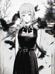  1girl absurdres bird chainsaw_man collared_shirt dress earrings fami_(chainsaw_man) fourth_east_high_school_uniform greyscale highres ivdimension jewelry mole mole_under_mouth monochrome multiple_moles outdoors pinafore_dress ringed_eyes school_uniform shirt sleeveless sleeveless_dress solo tree 