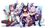  4girls absurdres ahoge alternate_costume animal_ears aqua_eyes arms_up black_gloves black_hair black_jacket black_pantyhose black_thighhighs blush bone_hair_ornament bow bowtie breasts brown_eyes brown_hair cat_ears cat_girl cat_tail cleavage covered_navel detached_collar dog_ears dog_girl double_v fang fingerless_gloves fishnet_pantyhose fishnets fox_girl gloves grey_pantyhose hair_ornament high_heels highleg highleg_leotard highres hololive hololive_gamers inugami_korone jacket large_breasts leotard long_hair looking_at_viewer multicolored_hair multiple_girls nekomata_okayu ok_sign on_one_knee ookami_mio open_clothes open_jacket open_mouth pantyhose pink_bow pink_bowtie purple_bow purple_bowtie purple_eyes purple_hair purple_jacket red_bow red_bowtie red_streaks see-through_cleavage see-through_clothes shinomu_(cinomoon) shirakami_fubuki skin_fang smile streaked_hair tail thigh_strap thighhighs thighs v virtual_youtuber white_hair white_jacket white_leotard white_streaks wolf_ears wolf_girl yellow_bow yellow_bowtie 