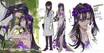  2girls absurdres ayame_en_(ouge_dz) bare_arms bare_shoulders barefoot black_eyes black_hair black_pants black_shirt black_shoes buttons chinese_commentary chinese_text clenched_hand clipboard closed_mouth cocktail_dress collared_shirt commentary_request crossed_arms dress dress_shirt eyeshadow faceless faceless_female flower flower_dress forest glasses gloves grass green_eyeshadow hand_on_another&#039;s_cheek hand_on_another&#039;s_face hand_on_another&#039;s_wrist head_wreath high_collar highres holding holding_clipboard lab_coat light_frown lipstick long_dress long_hair makeup multiple_girls multiple_views name_tag nature original ouge_dz pants parted_lips partially_submerged pink_lips pocket purple_eyes purple_flower river round_eyewear scientist shirt shoes side_slit smile standing straight_hair teeth translation_request white_background white_dress white_gloves yuri yuri_chie_(ouge_dz) 
