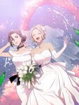  2girls ^_^ bare_shoulders blonde_hair bottle bouquet breasts bridal_veil bride brown_hair character_request choker closed_eyes closed_mouth collarbone copyright_request dress earrings elbow_gloves flower gloves hand_up holding holding_bouquet imam_(oozlo) jewelry korean_commentary large_breasts lips multiple_girls open_mouth purple_sky sky smile strapless strapless_dress tulip veil wedding wedding_dress white_choker white_dress white_flower wife_and_wife wine_bottle yuri 