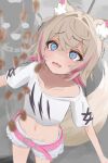  1girl absurdres animal_ear_fluff belt blonde_hair blue_eyes collarbone commentary cowboy_shot crop_top crossed_bangs double-parted_bangs english_commentary food hair_between_eyes hair_intakes highres hololive hololive_english long_bangs looking_up lucien_000298 midriff mococo_abyssgard motion_lines multicolored_hair nattou navel off-shoulder_shirt off_shoulder open_mouth outstretched_arms pink_belt pink_hair print_shirt raised_inner_eyebrows shirt short_hair short_shorts short_sleeves shorts solo spread_arms standing streaked_hair tail tearing_up trembling wavy_mouth white_shirt white_shorts 