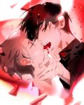  2boys alien_stage black_hair black_shirt closed_eyes commentary crying english_commentary gem grey_hair hand_on_another&#039;s_neck highres ivan_(alien_stage) male_focus multiple_boys shirt short_hair tears till_(alien_stage) uchiha_i_arts very_short_hair yaoi 