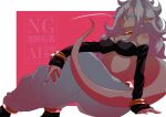  1girl android_21 bare_shoulders black_tube_top blue_eyes border breasts cleavage colored_skin dragon_ball dragon_ball_fighterz eye_trail glowing glowing_eyes grey_hair harem_pants highres large_breasts light_trail long_hair majin_android_21 midriff pants pink_background pink_skin pink_tail pointy_ears simple_background solo stktik09060906 strapless tube_top watermark white_border 