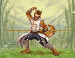  2018 abs anthro biceps byowt canid canine canis clothing digital_media_(artwork) dog fur hair hi_res male mammal outside pants pecs 