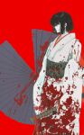  1girl alternate_costume black_hair blood blood_on_clothes bob_cut cigarette green_sash highres japanese_clothes kimono limbus_company long_sleeves looking_to_the_side ntcke project_moon red_background red_eyes ryoshu_(project_moon) sash short_hair simple_background smoking solo standing upper_body white_kimono 