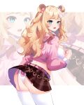 1girl absurdres animal_print artist_request ass belt black_skirt blonde_hair blondedaze blue_eyes breasts cowboy_shot crop_top double_bun english_commentary garter_straps hair_bun hair_ornament hairclip heart highres indie_virtual_youtuber jacket large_breasts leaning_forward long_hair long_sleeves looking_at_viewer looking_back median_furrow midriff miniskirt open_mouth panties pink_jacket pleated_skirt print_panties rabbit_panties rabbit_print second-party_source shirt single_garter_strap skirt solo thighhighs underwear virtual_youtuber wavy_hair white_background white_panties white_shirt white_thighhighs zoom_layer 