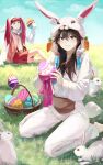  2girls \||/ alternate_costume animal_costume animal_ears bambietta_basterbine barefoot basket black_hair bleach bleach:_sennen_kessen-hen blue_ribbon blue_sky blunt_bangs blush brown_eyes carrot_hat_ornament commentary cosplay day deadman70232800 dokugamine_riruka dress easter easter_egg egg english_commentary enpera eyelashes eyes_visible_through_hair fake_animal_ears film_grain full_body grass grin hair_between_eyes hand_up heart heart_print highres holding holding_egg hood hood_up kigurumi knee_up long_hair long_sleeves looking_at_viewer miniskirt multiple_girls navel official_alternate_costume on_grass outdoors pleated_skirt rabbit rabbit_costume rabbit_ears rabbit_tail red_eyes red_hair red_skirt ribbon sitting skirt sky smile suspender_skirt suspenders tail twintails v-shaped_eyebrows wariza white_rabbit_(animal) wide_sleeves 