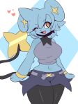 blue_body blue_fur bottomwear clothing crop_top female fur generation_4_pokemon hair heart_symbol hearts_around_head hi_res nintendo one_eye_closed oreon_smol pokemon pokemon_(species) shinx shirt short_hair simple_background skirt solo tail topwear wink