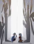  1boy 1girl blue_shirt braid brown_dress closed_eyes commentary different_shadow dress english_commentary fur-trimmed_dress fur_trim honkai:_star_rail honkai_(series) honkai_impact_3rd kiana_kaslana long_hair open_mouth phainon_(a_dream_scented_in_wheat)_(honkai:_star_rail) phainon_(honkai:_star_rail) red_scarf scarf seyyu_tsk14 shirt short_hair sitting smile squatting twin_braids white_hair 
