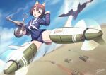  1girl absurdres animal_ears blue_one-piece_swimsuit blue_sky brave_witches breasts brown_eyes brown_hair cloud cloudy_sky desert dragoncastle flying gun hair_ornament hairclip highres holding holding_gun holding_weapon karibuchi_hikari legs_apart looking_at_viewer medium_breasts military_vehicle motor_vehicle neuroi one-piece_swimsuit open_mouth outdoors sailor_collar school_swimsuit sky squirrel_ears squirrel_girl squirrel_tail striker_unit swimsuit tail tank weapon white_sailor_collar world_witches_series 
