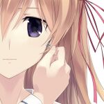  1girl blonde_hair chaos;child chaos;child_love_chu_chu!! close-up hair_ribbon kurusu_nono long_hair looking_at_viewer official_art portrait purple_eyes ribbon sad sasaki_mutsumi simple_background solo unzipping white_background zipper zipper_pull_tab 